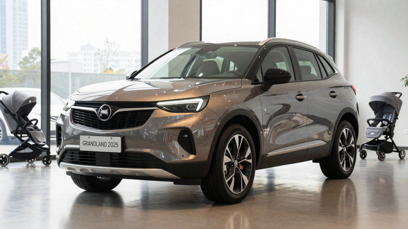 Carro SUV cinza Opel Grandland 2025 em showroom com dois carrinhos de bebê ao fundo.