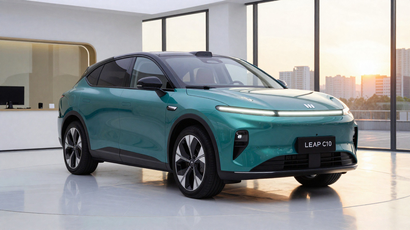 Carro elétrico verde Leap C10 em salão moderno com grandes janelas e luz do pôr do sol ao fundo.