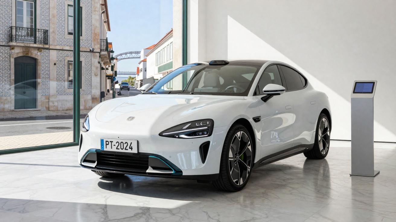 Carro elétrico branco em exposição, com design moderno e placas PT-2024, em ambiente interno iluminado.
