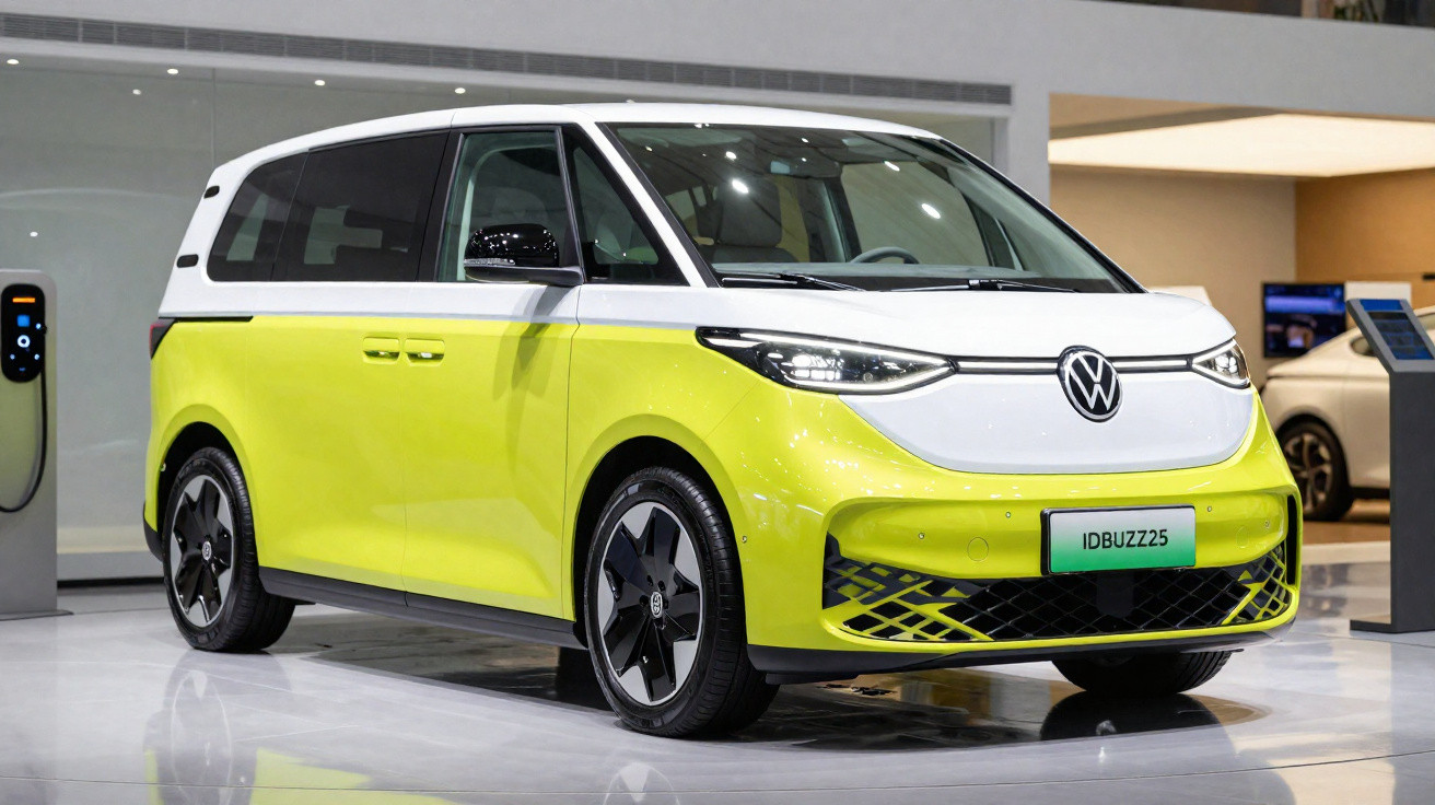 Van elétrica Volkswagen ID.Buzz 2025 bicolor branca e amarela em exibição em showroom moderno.