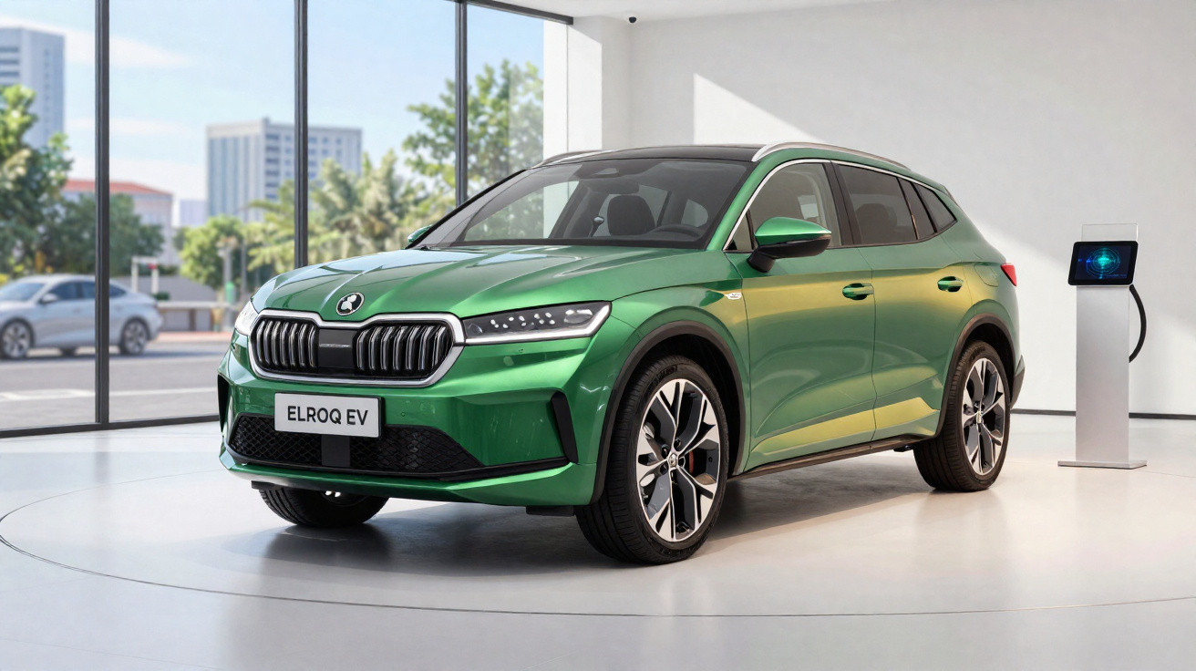 SUV elétrico verde Skoda Elroq EV estacionado em showroom moderno, próximo a carregador elétrico.