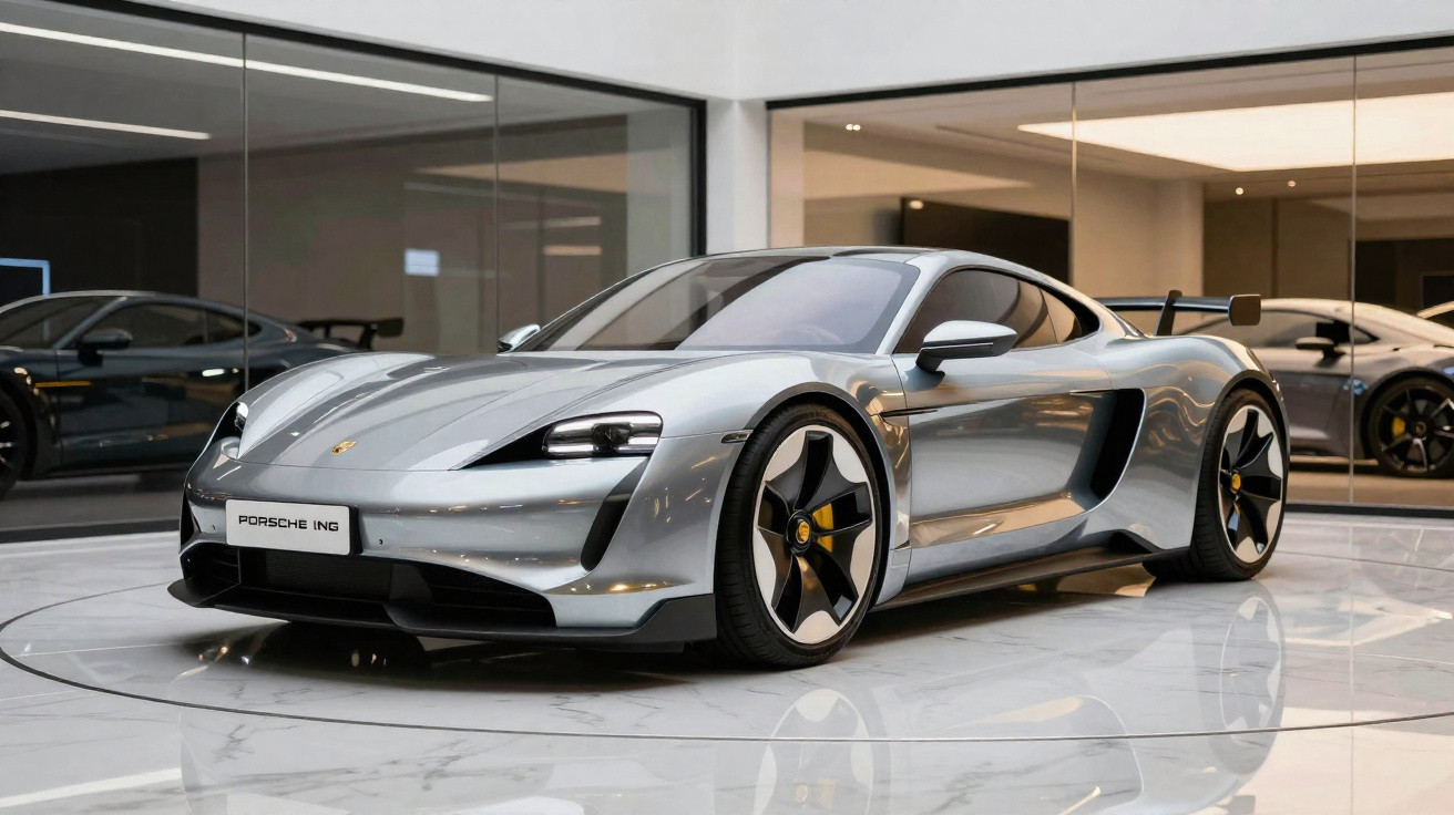 Carro esportivo prata Porsche Taycan exposto em showroom moderno com piso de mármore.
