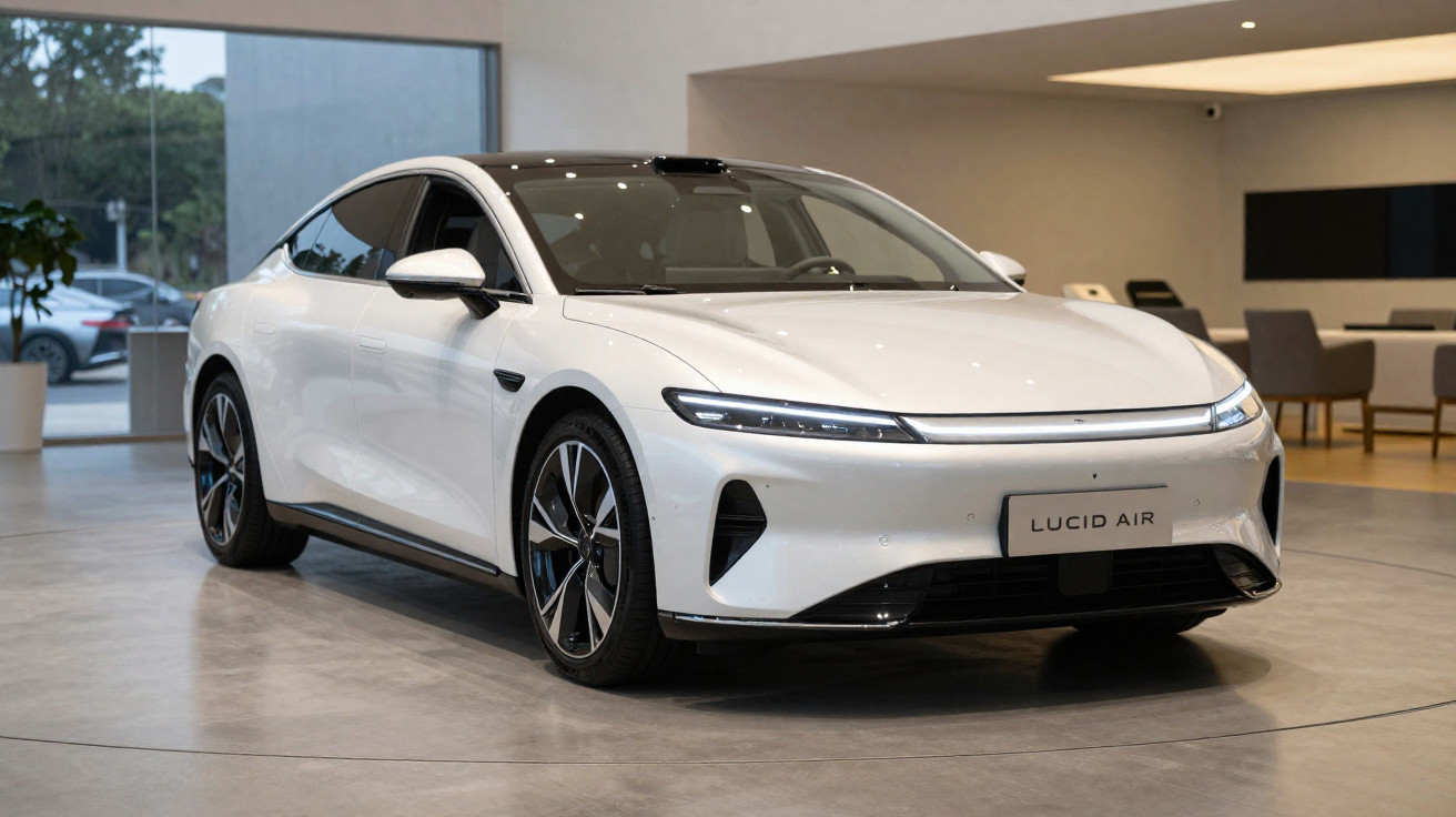 Carro elétrico branco Lucid Air exibido em showroom moderno com piso cinza e móveis ao fundo.