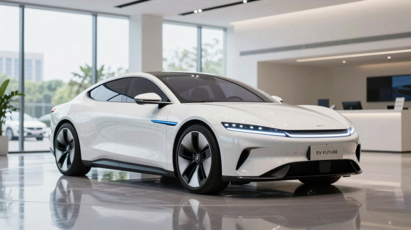 Carro elétrico branco futurista em salão moderno, com design aerodinâmico e faróis LED finos.
