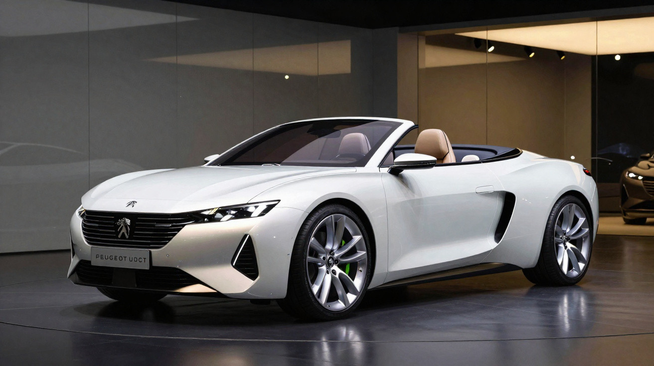 Carro conversível esportivo branco Peugeot 408 GT em exposição em ambiente interno moderno.