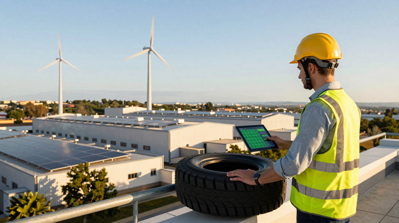 Engenheiro com capacete amarelo e colete refletivo usa tablet em usina com painéis solares e turbinas eólicas.