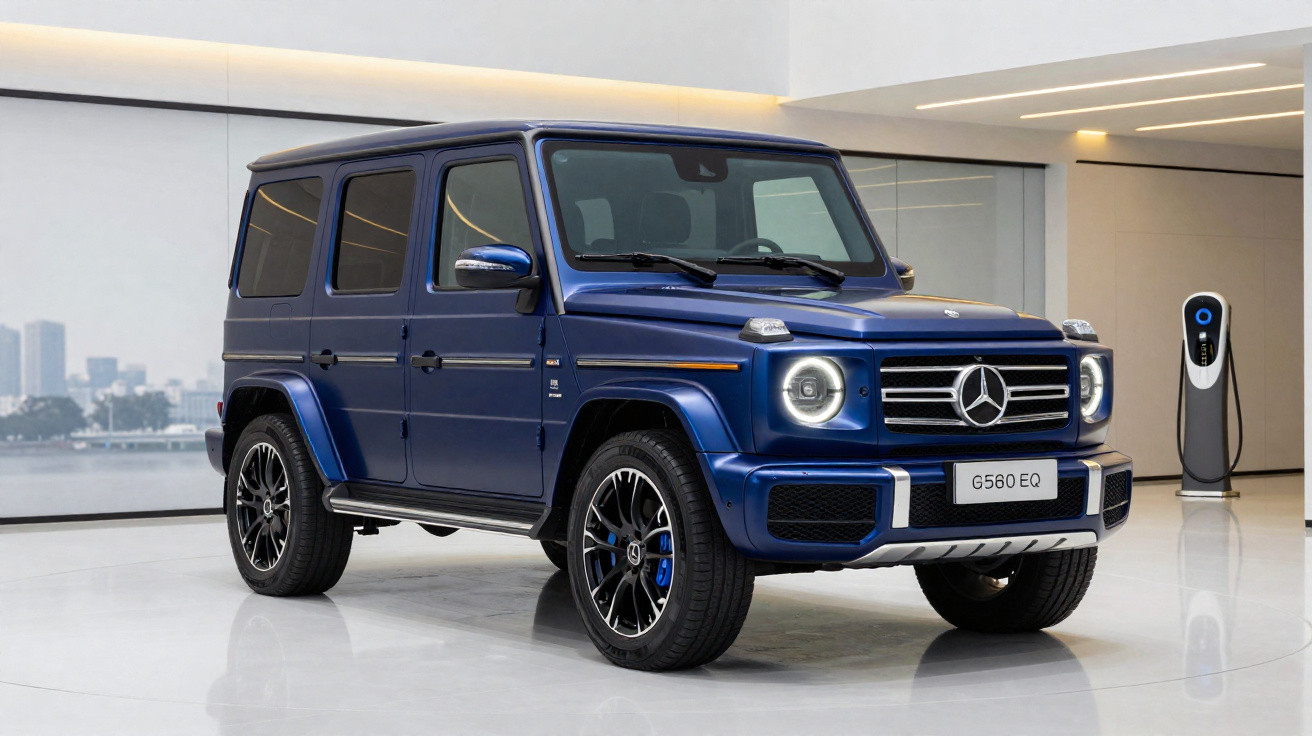Carro SUV elétrico azul Mercedes-Benz G580 EQ estacionado em ambiente moderno com carregador elétrico.