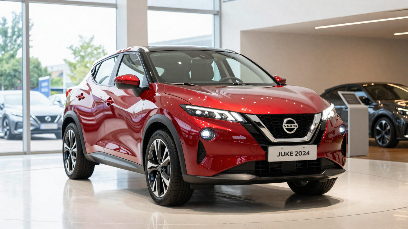 SUV Nissan Juke 2024 vermelho exibido em showroom moderno com piso claro e grandes janelas.