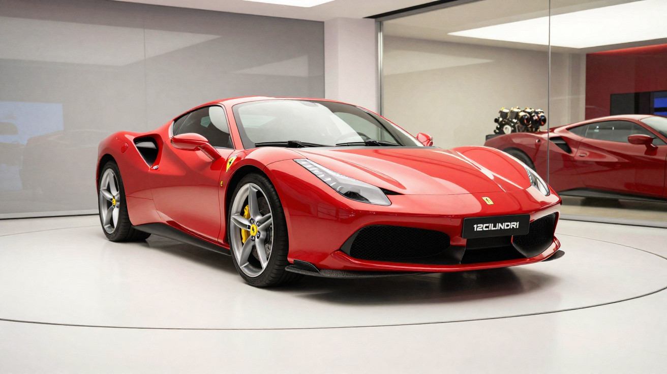 Carro esportivo vermelho Ferrari estacionado em ambiente interno com piso branco e espelho ao fundo.