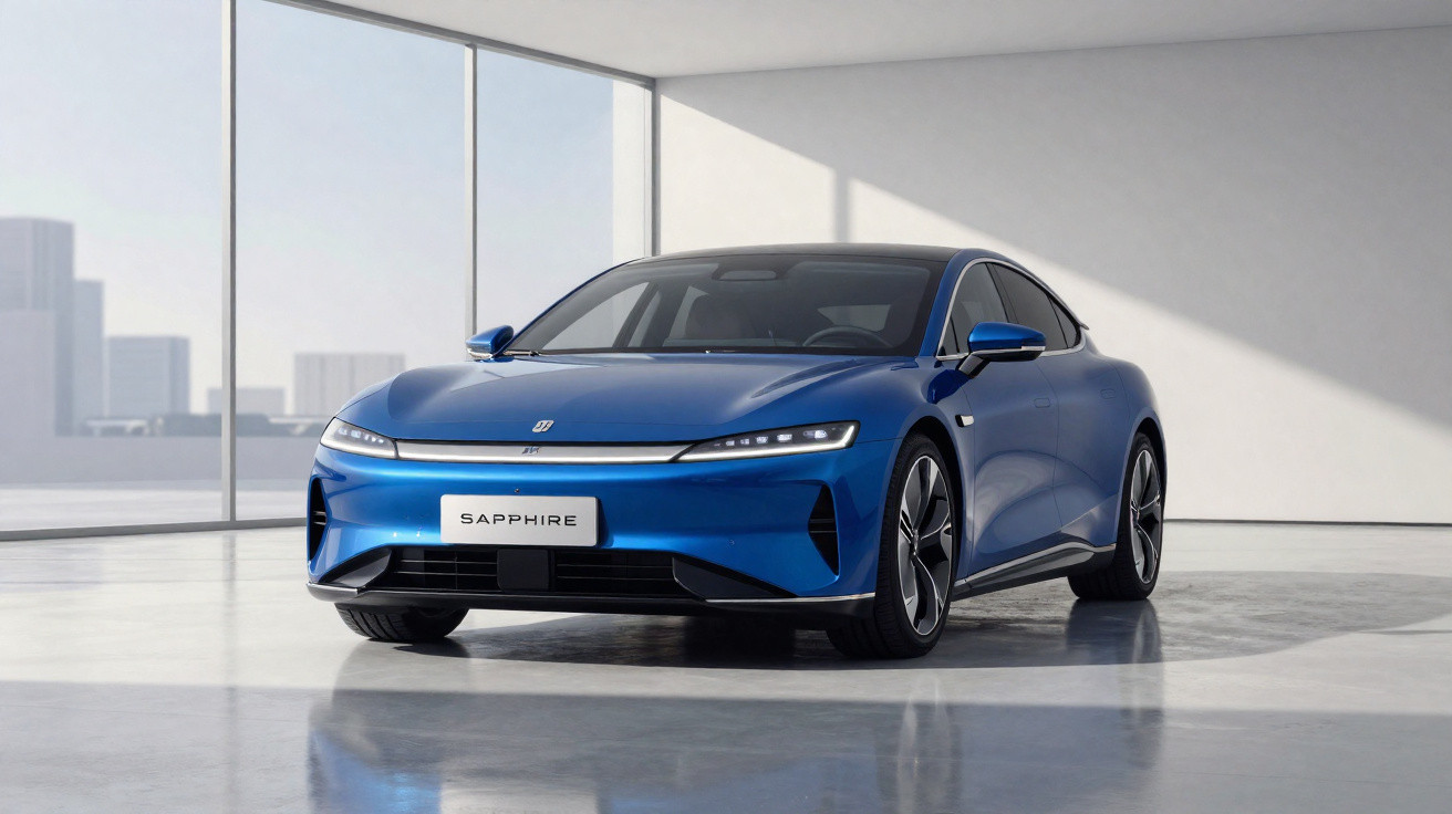 Carro elétrico azul modelo Sapphire em ambiente moderno com janelas amplas e piso refletivo.