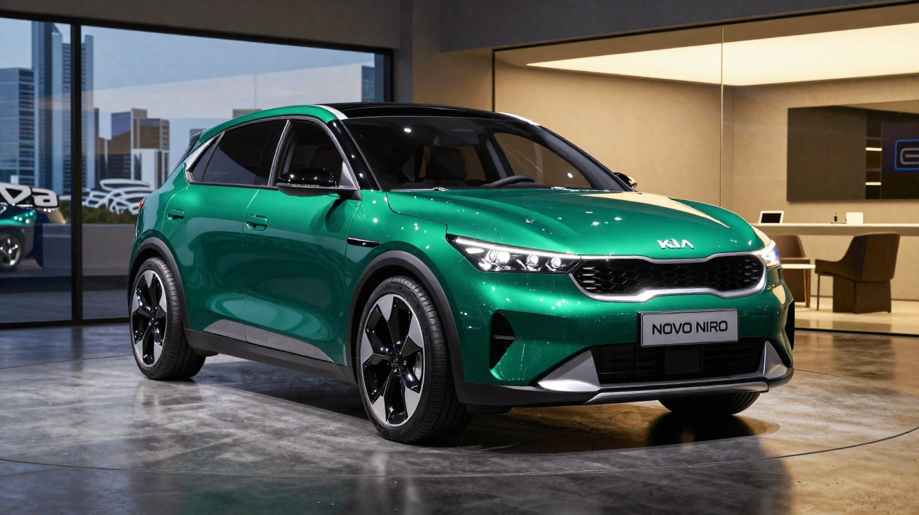 Carro novo Kia Niro verde em exposição dentro de showroom moderno com piso refletivo.