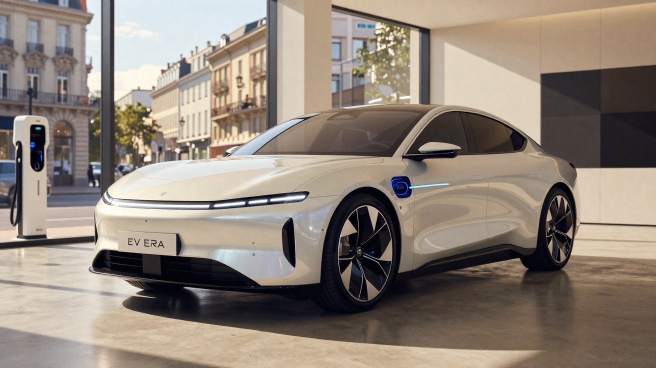 Carro elétrico branco estacionado em garagem com estação de recarga e edifícios ao fundo.
