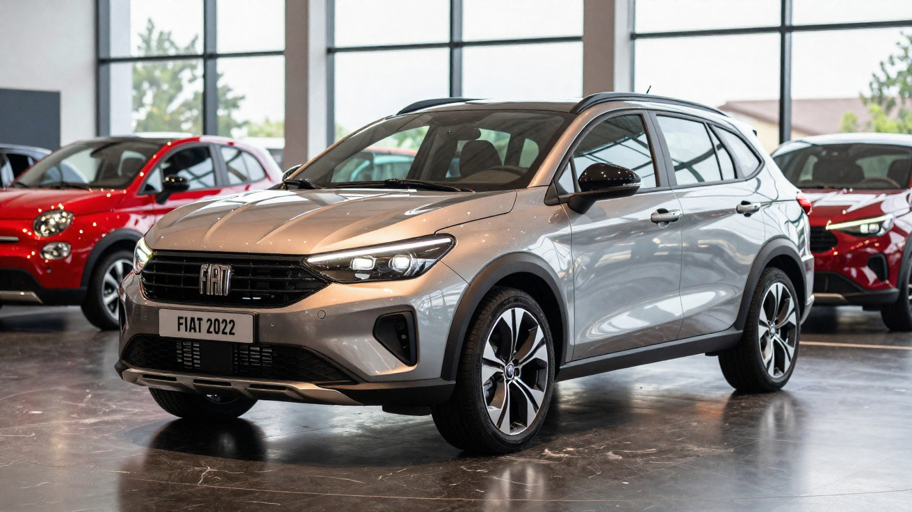Carro SUV Fiat prata 2022 exibido em showroom com piso refletivo e janela grande ao fundo.