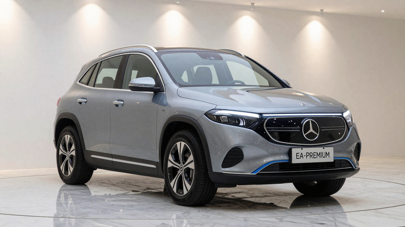SUV elétrico Mercedes-Benz EQB cinza em estúdio minimalista com piso espelhado e parede clara.