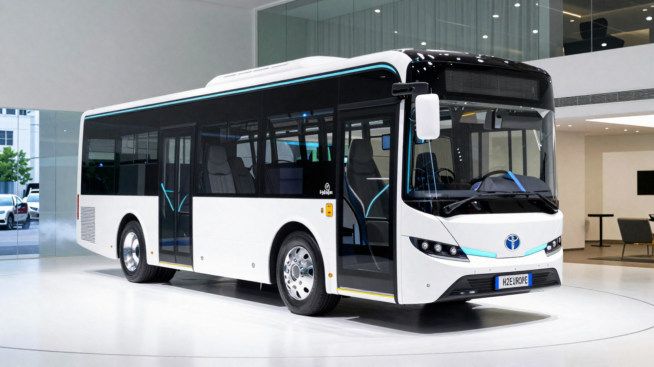 Ônibus urbano branco com janelas grandes e portas ao lado, exibido em ambiente interno moderno.