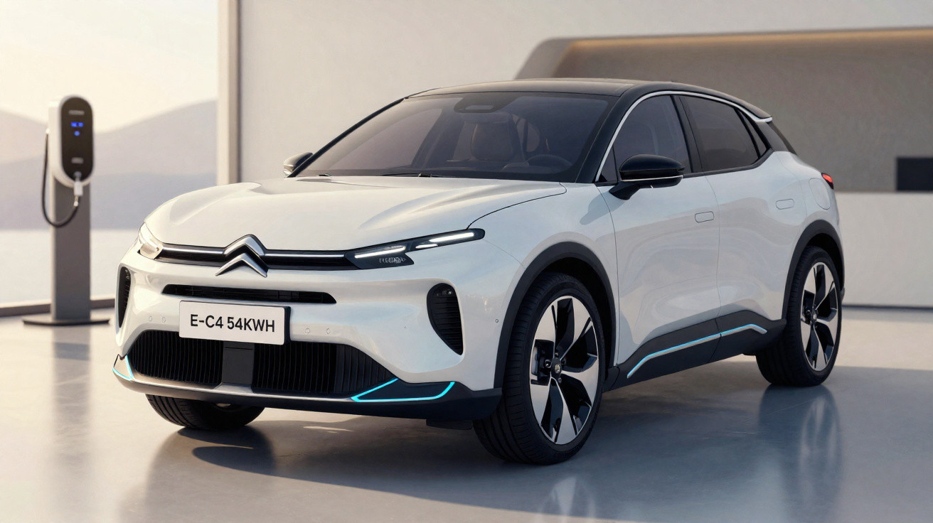 Carro elétrico branco Citroën E-C4 estacionado próximo a estação de recarga em ambiente moderno.