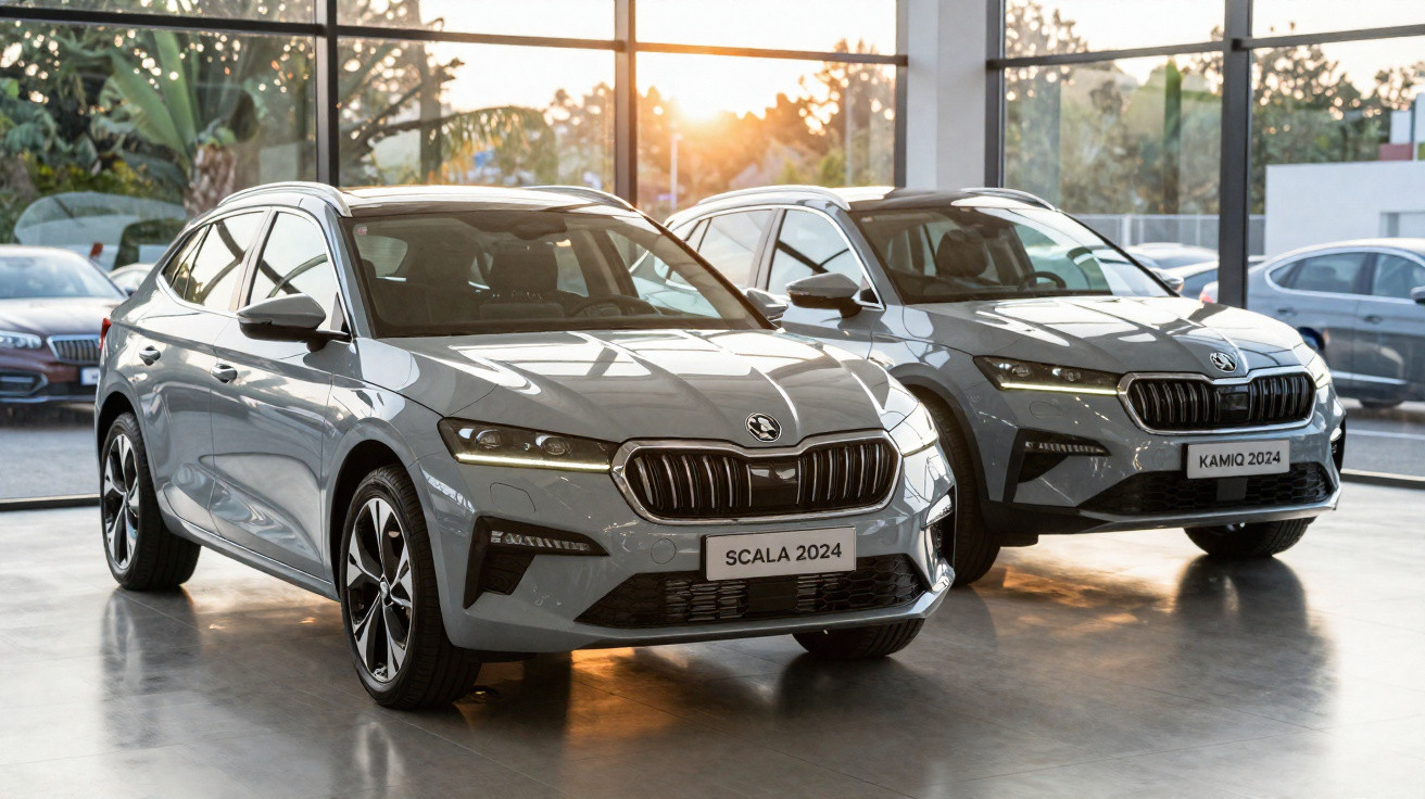 Dois carros cinza Škoda Scala 2024 estacionados em showroom com piso brilhante e grandes janelas.