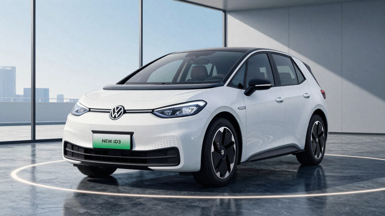 Carro elétrico Volkswagen ID.3 branco em espaço interno com janelas grandes e iluminação natural.