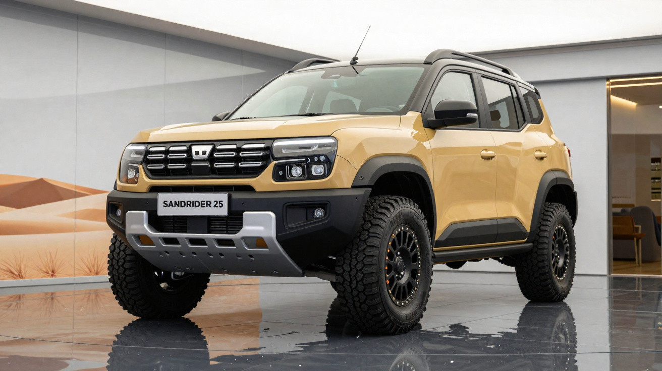 SUV Sandrider 25 bege com pneus grandes em ambiente interno moderno e iluminado.