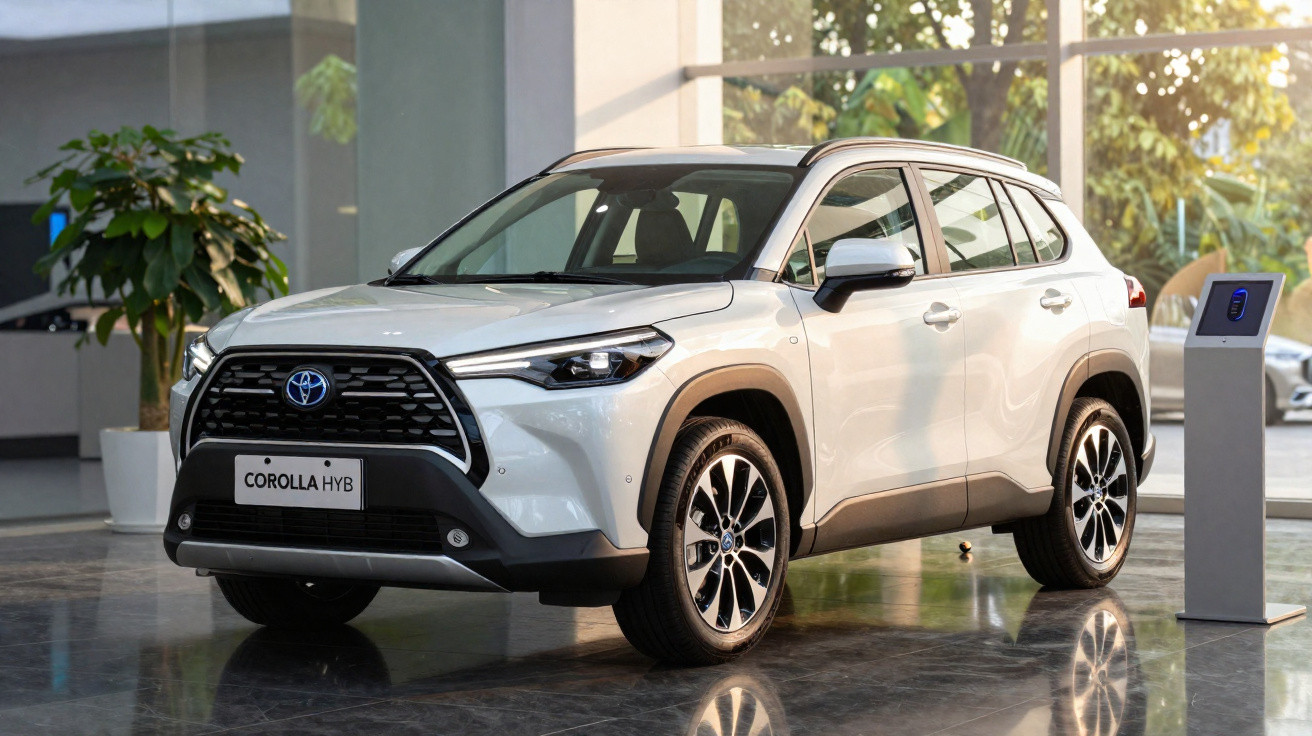 SUV Toyota Corolla Hybrid branco estacionado em showroom moderno com árvore ao fundo.