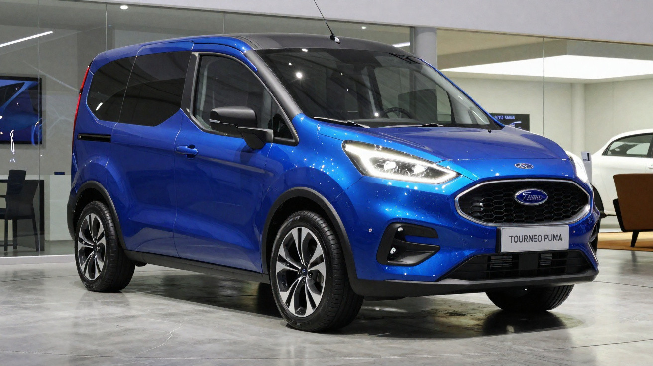 Van azul Ford Tourneo Puma exibida em showroom moderno com iluminação interna.