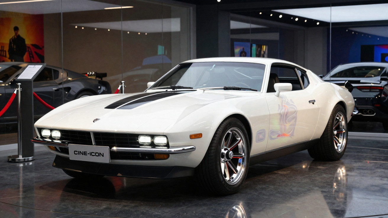 Carro esportivo clássico branco com faixa preta no capô exposto em salão automotivo.