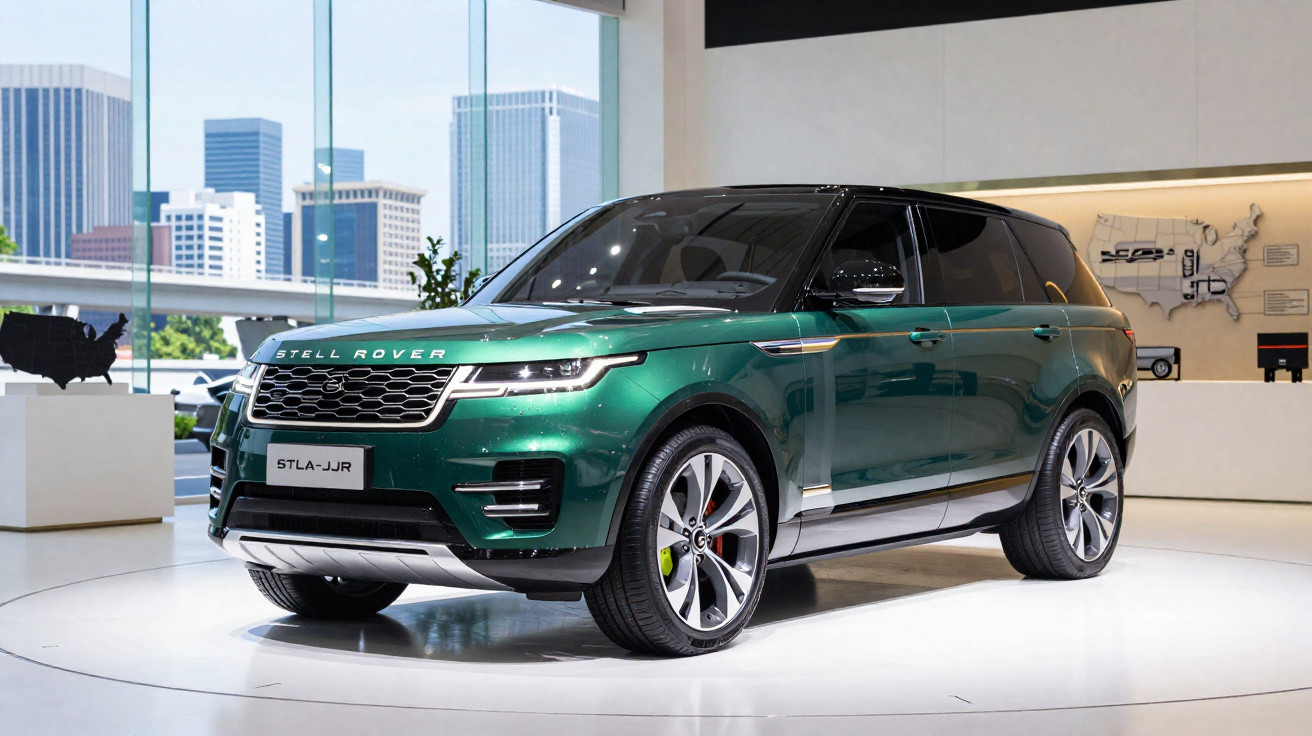 SUV verde metálico Stell Rover STLA-JJR exibido em ambiente moderno com janelas amplas e prédios ao fundo.
