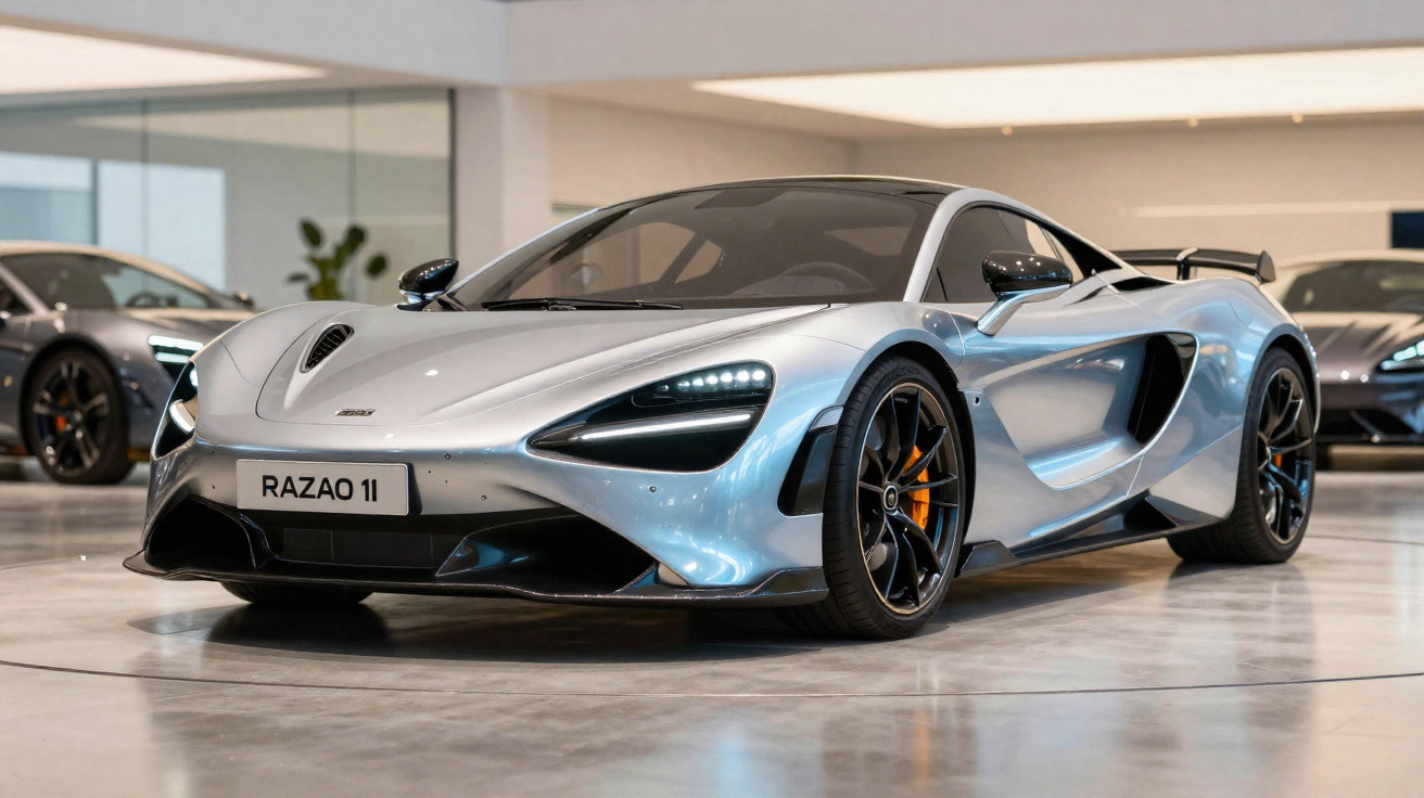Carro esportivo prata McLaren estacionado em showroom com faróis acesos e rodas pretas com detalhes laranjas.