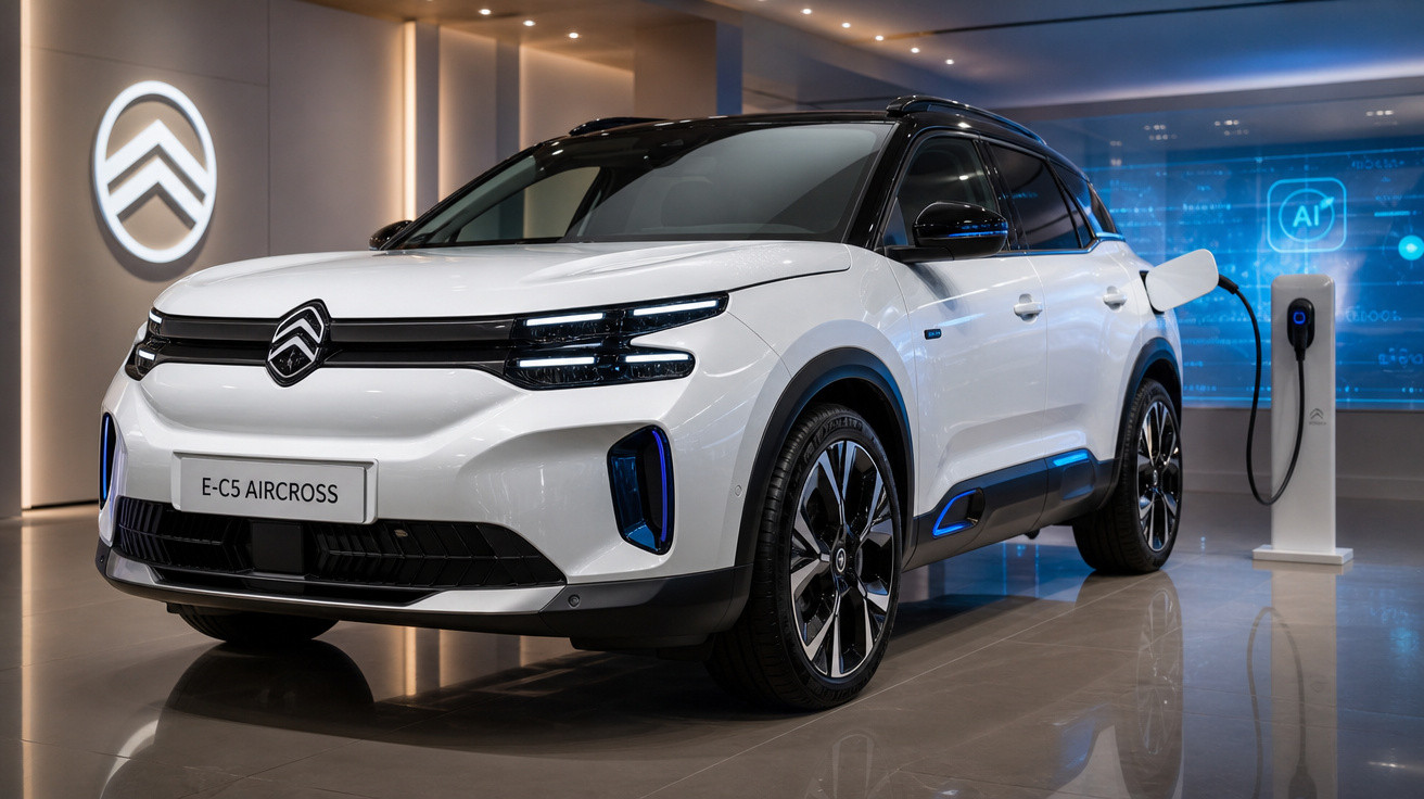 Carro elétrico Citroën E-C5 Aircross branco exposto em showroom com estação de carregamento ao lado.