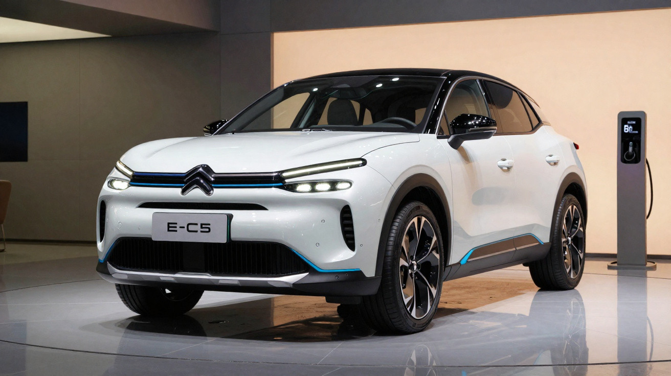 Carro elétrico branco Citroën E-C5 em exposição ao lado de estação de recarga.