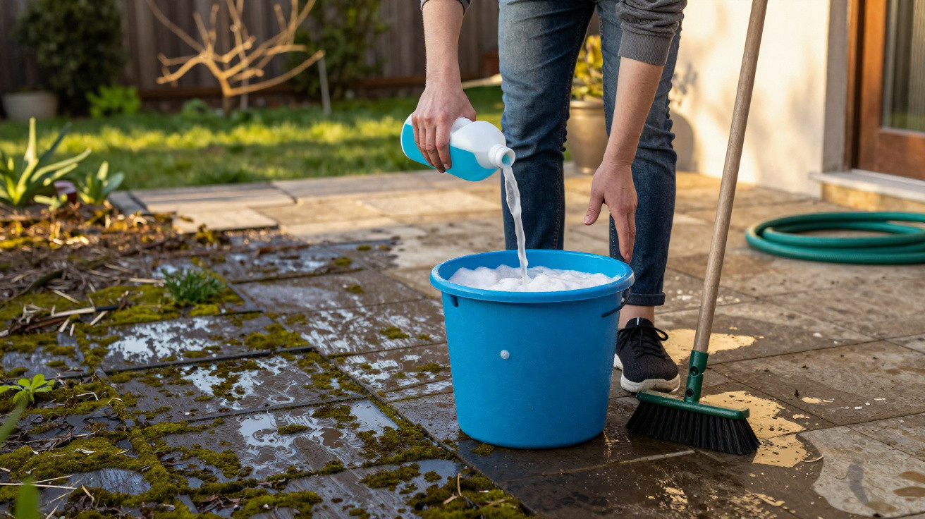 Pessoa despejando produto de limpeza em balde azul para limpar piso de pedra com musgo, vassoura ao lado.