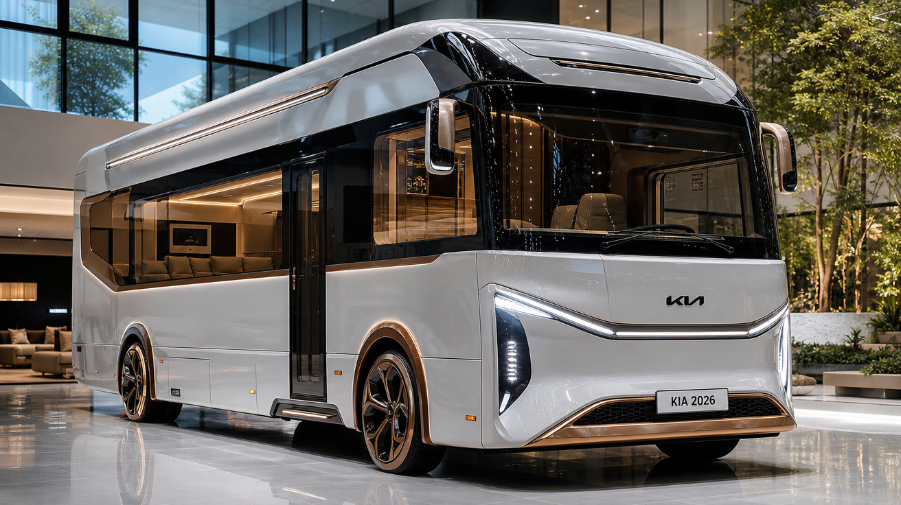 Ônibus futurista branco da Kia 2026 em ambiente interno moderno com detalhes em cobre e janelas amplas.