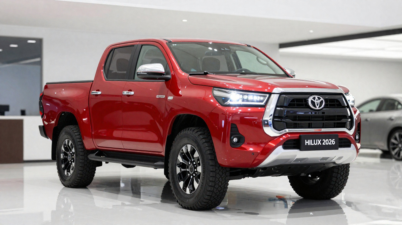 Picape Toyota Hilux 2026 vermelha em ambiente interno com faróis acesos e rodas pretas robustas.