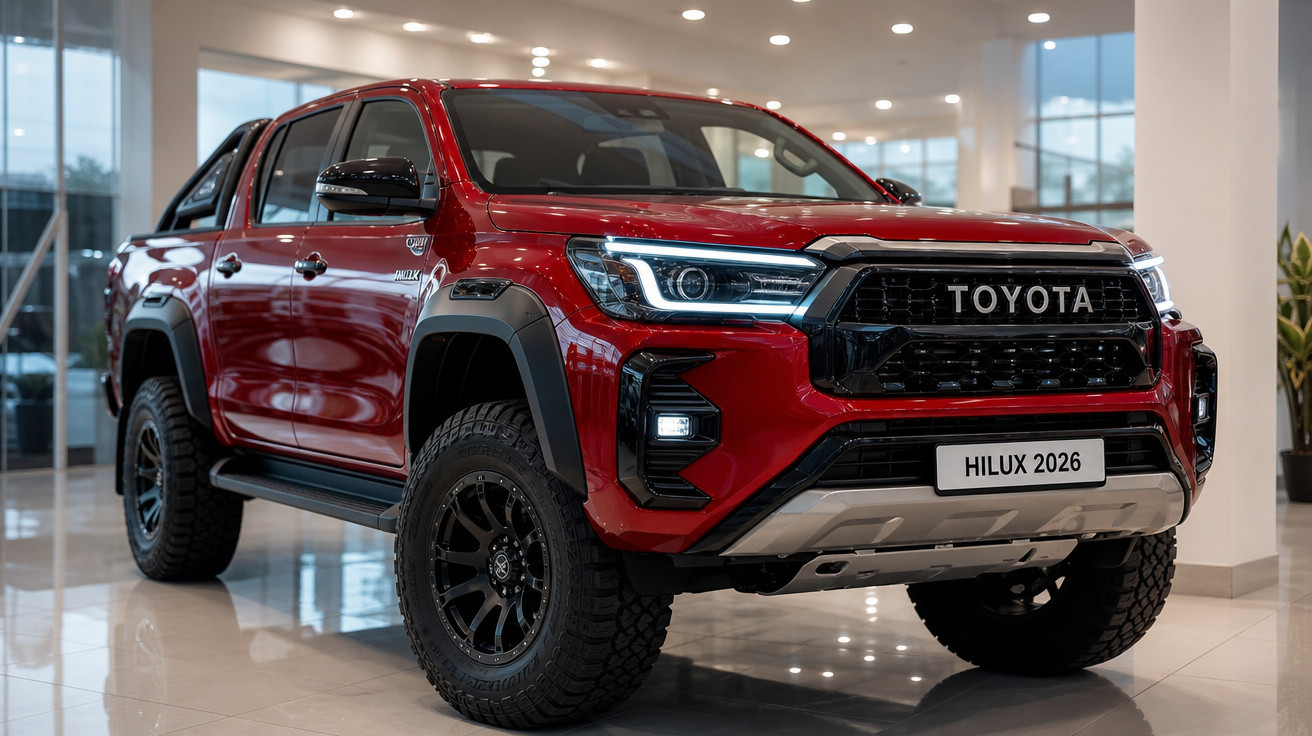 Picape Toyota Hilux 2026 vermelha com pneus grandes em showroom moderno.