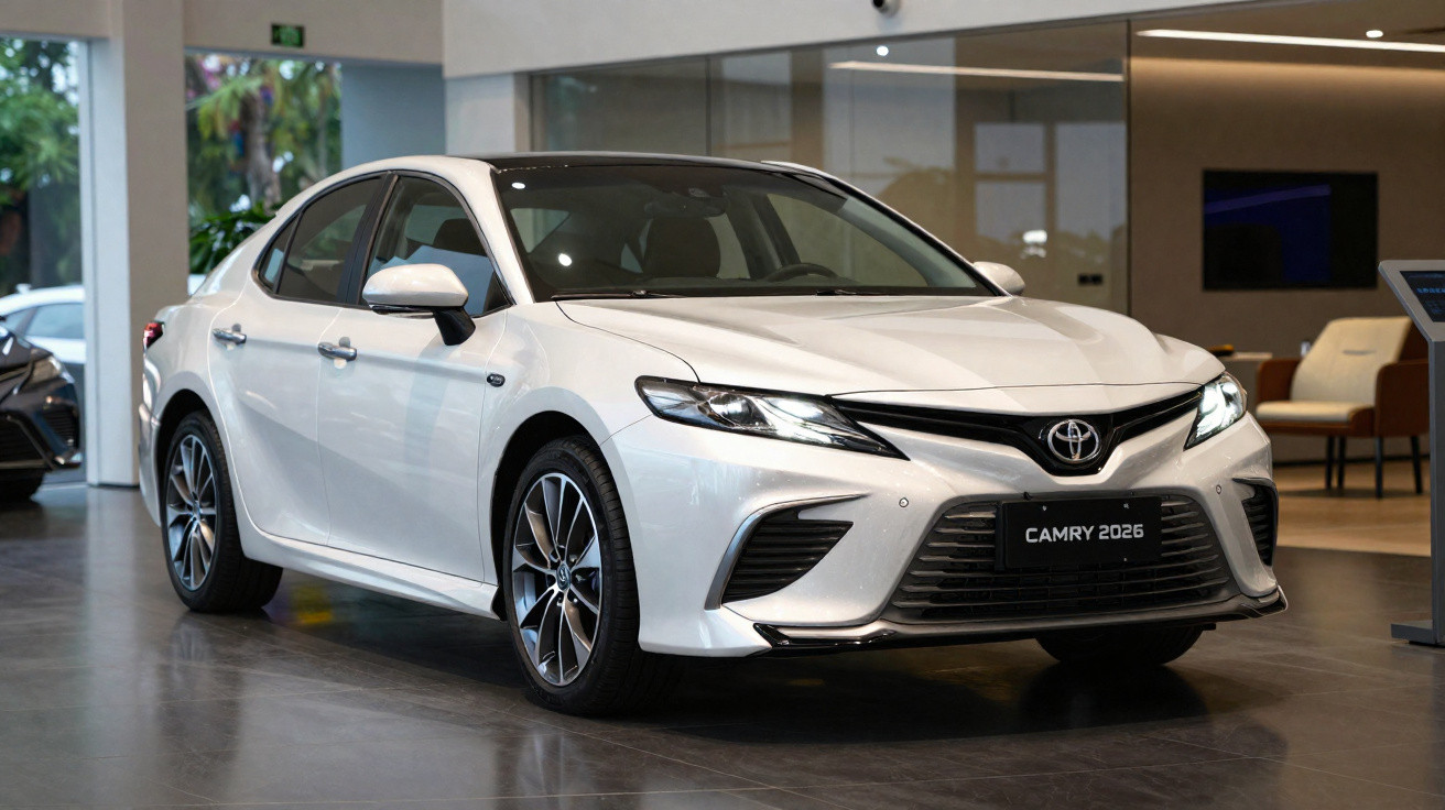 Carro branco Toyota Camry 2026 exibido em showroom moderno com piso cinza e paredes de vidro.