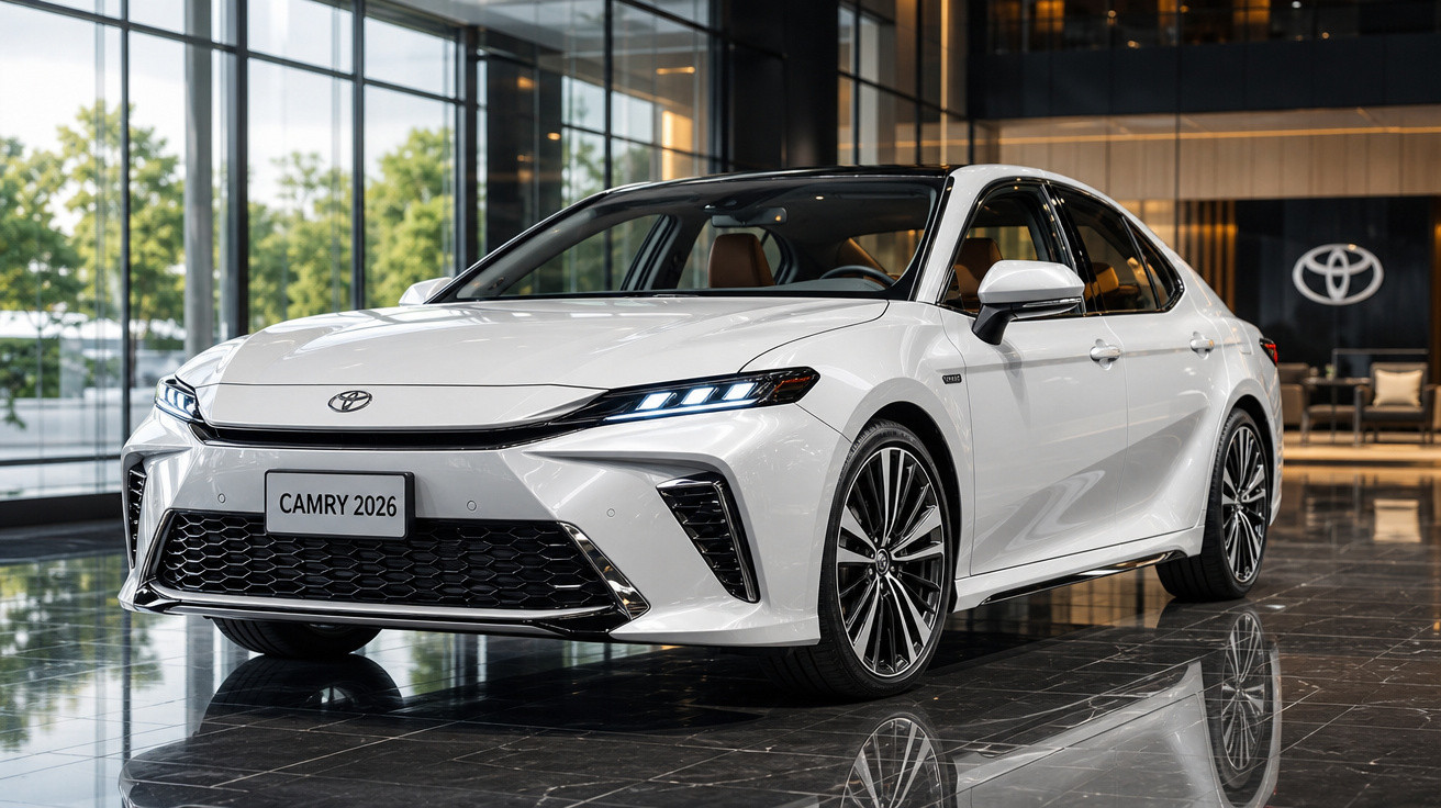Carro branco Toyota Camry 2026 em showroom moderno com piso de cerâmica reflexivo.