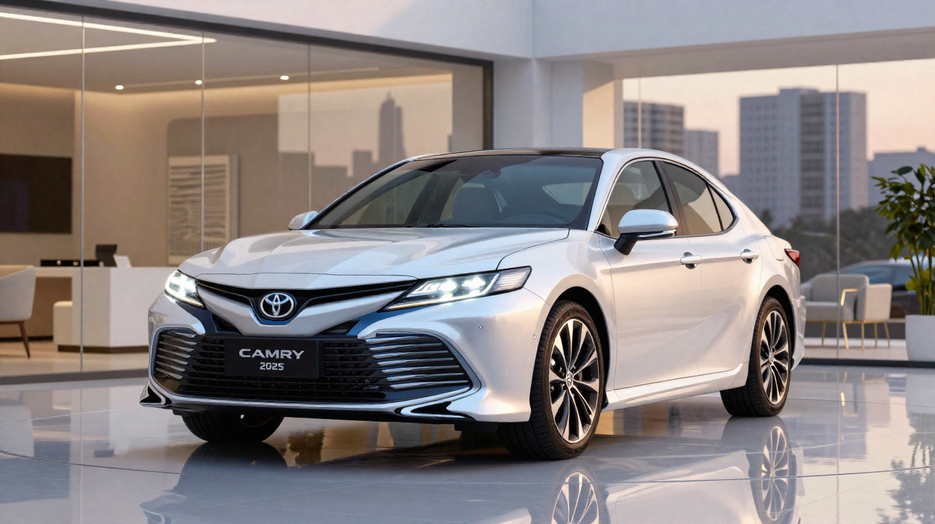 Carro sedan prata Toyota Camry 2025 exibido em ambiente moderno com reflexo no chão brilhante.