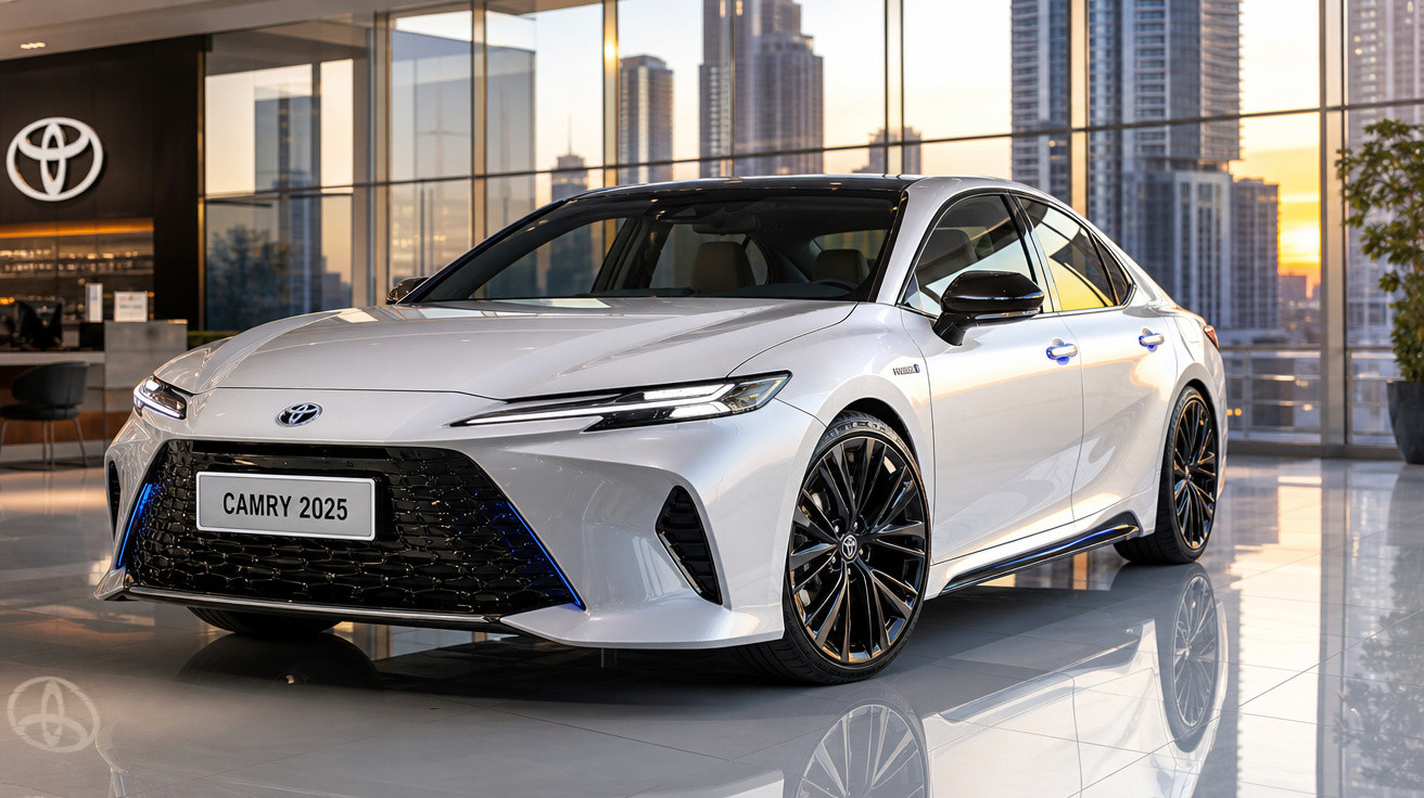 Carro Toyota Camry 2025 branco em showroom com grandes janelas e edifícios ao fundo ao pôr do sol.