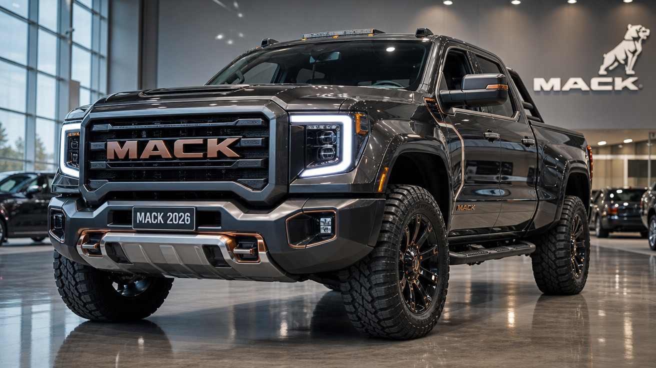 Picape preta Mack 2026 em showroom moderno com iluminação interna e logo da marca ao fundo.