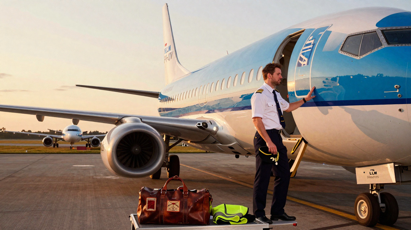 Piloto encostado na porta de avião estacionado no aeroporto ao entardecer, com bolsa e colete refletivo ao lado.