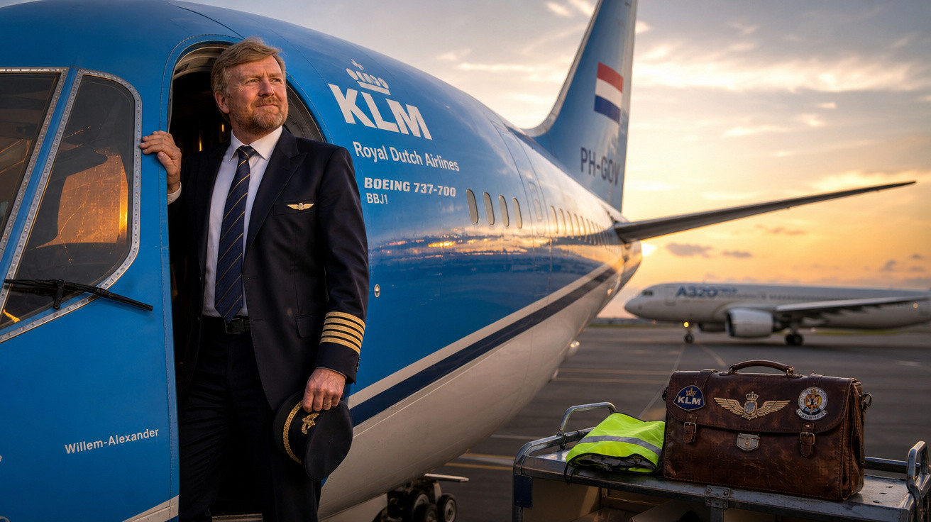 Homem de terno de piloto ao lado de avião KLM com pôr do sol ao fundo no aeroporto.