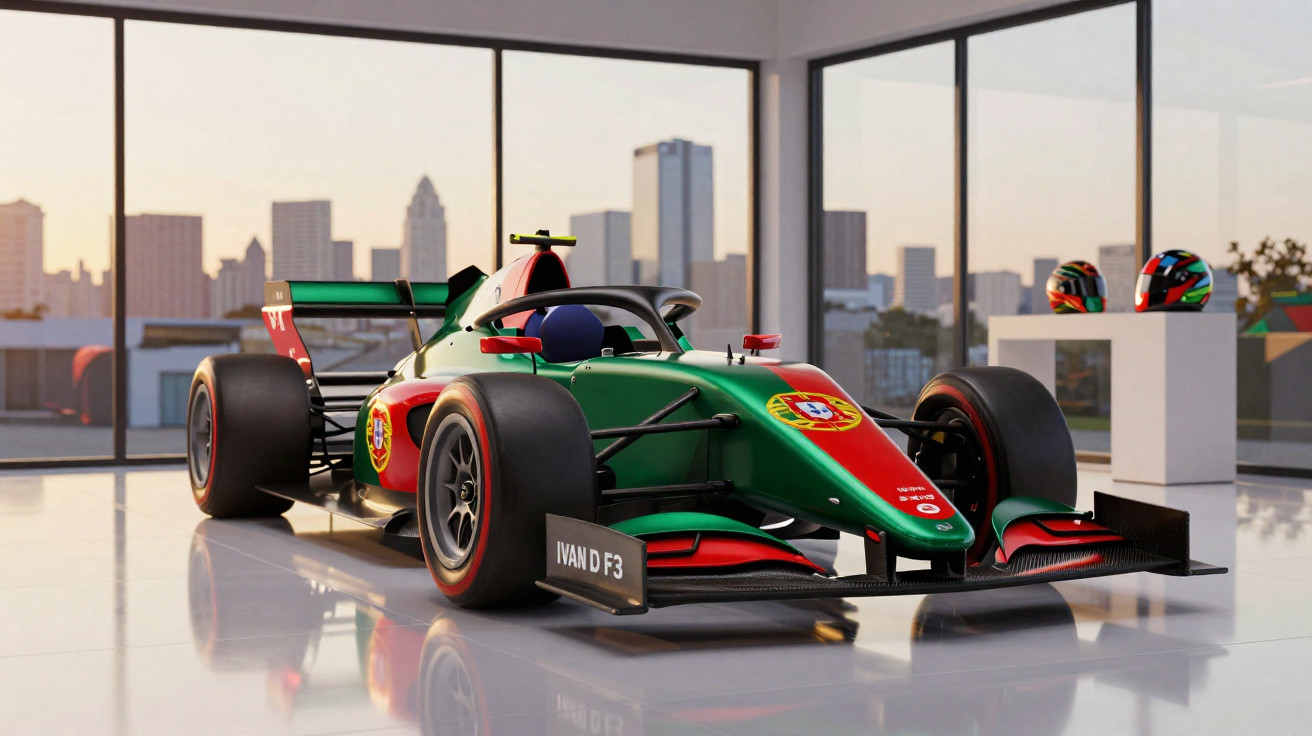 Carro de Fórmula 3 verde e vermelho com detalhes da bandeira de Portugal em ambiente moderno com vista urbana.