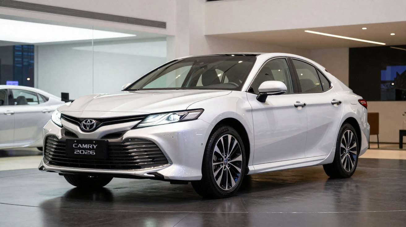 Carro branco Toyota Camry 2026 em exposição dentro de showroom moderno.