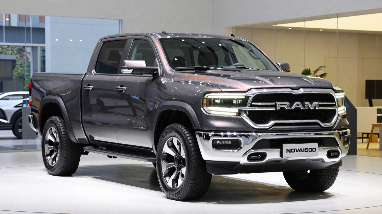 Picape RAM cinza escura exibida em showroom moderno com interior claro e janelas amplas.