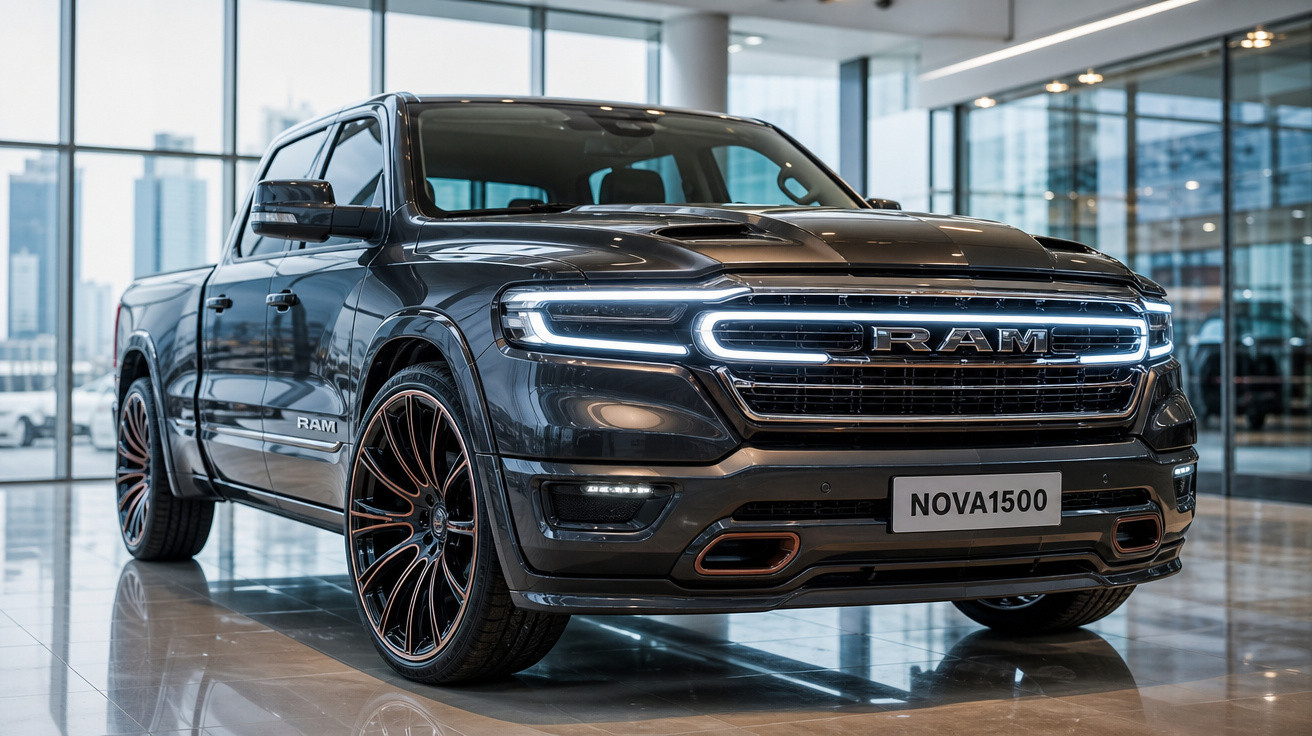 Picape RAM preta exibida em showroom moderno com iluminação natural e rodas pretas com detalhes em bronze.