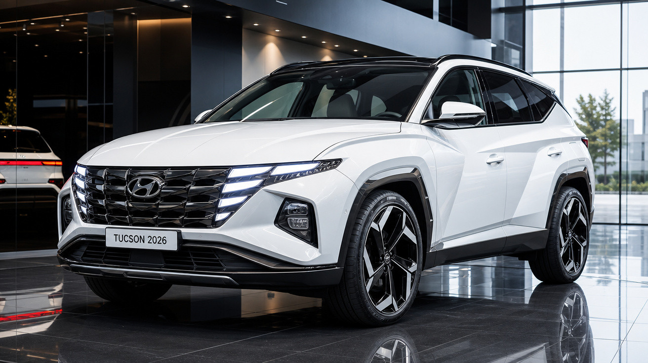Carro SUV branco Hyundai Tucson 2026 exibido em showroom moderno com piso espelhado.
