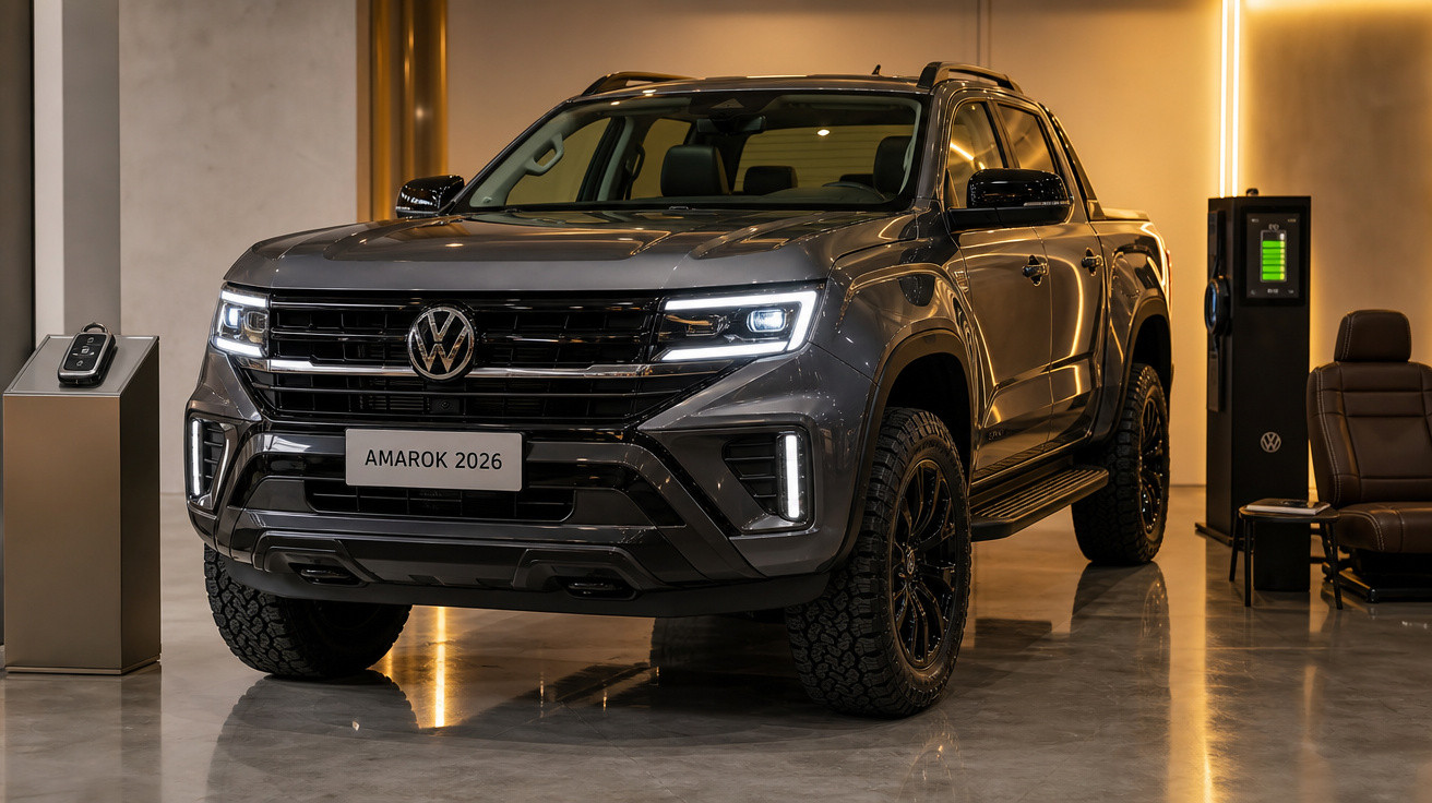 Picape Volkswagen Amarok 2026 cinza em ambiente interno com iluminação amarela e destaque para faróis acesos.
