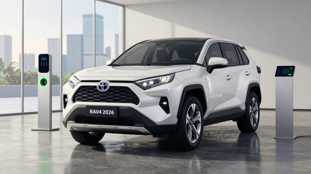 Carro Toyota RAV4 2026 branco estacionado em sala moderna com carregador elétrico e painel digital.