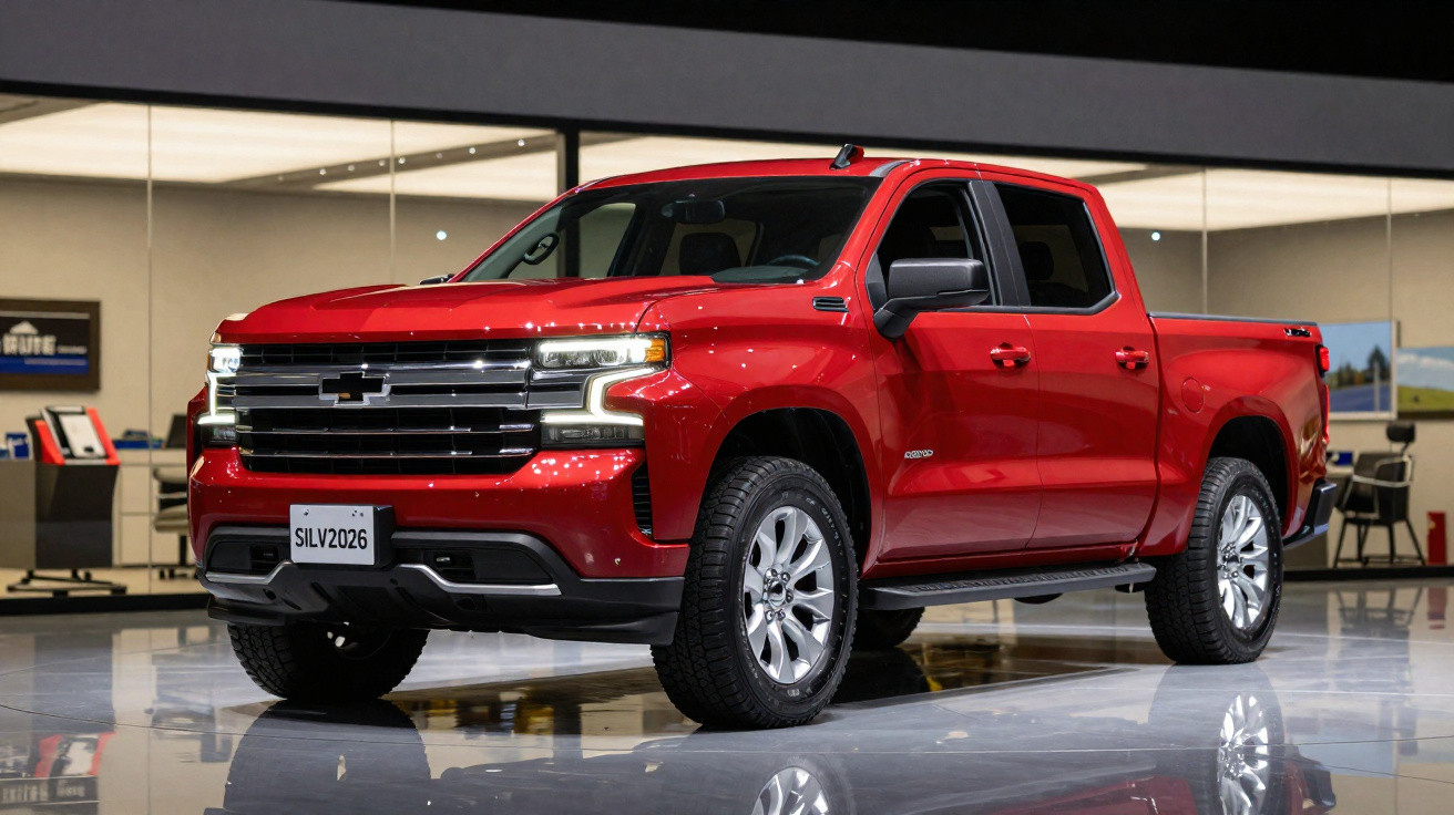 Picape Chevrolet Silverado vermelha exibida em showroom com detalhes em preto e cromado.