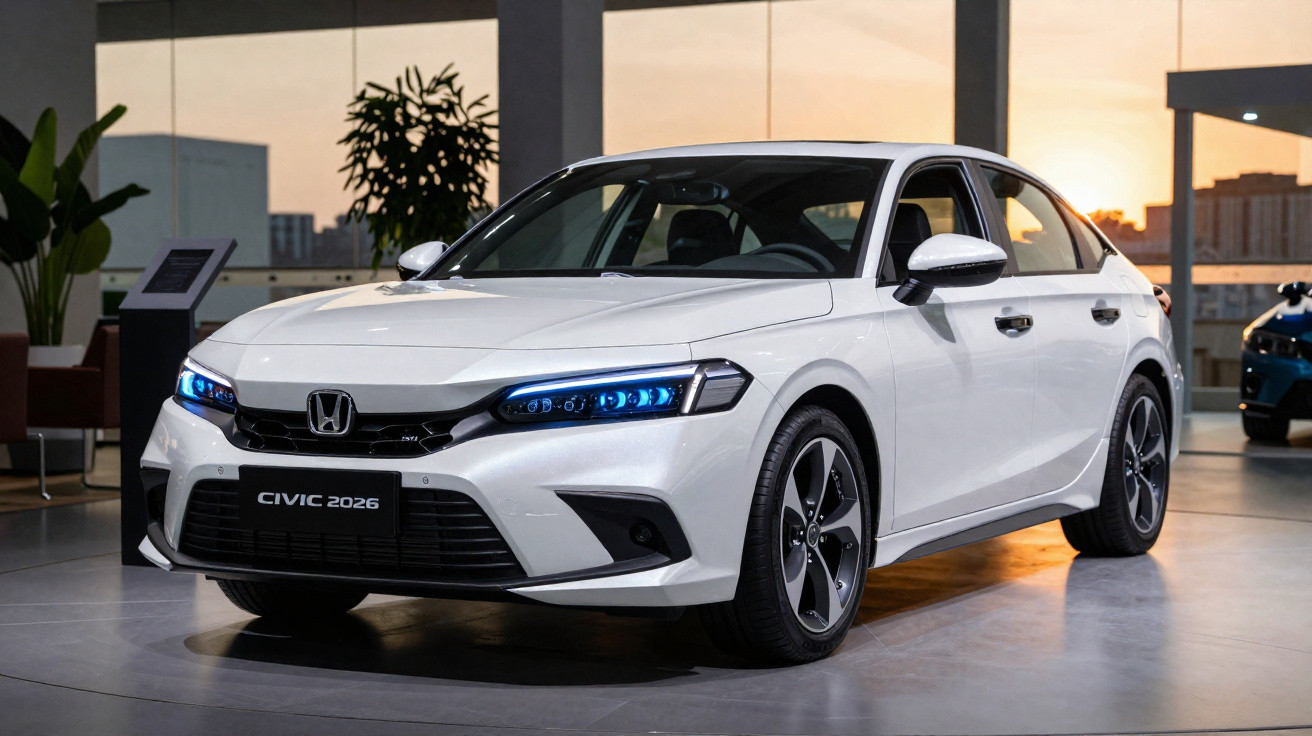 Carro Honda Civic 2026 branco em exposição dentro de showroom com luzes azuis acesas.
